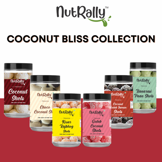 Coconut Bliss Collection - Pack of 6 (1 Coconut shots, 1 Gulab Coconut, 1 Gulab Jamun, 1 Kesar Rajbhog, 1 Choco Coconut, 1 Banarasi Paan Coconut)