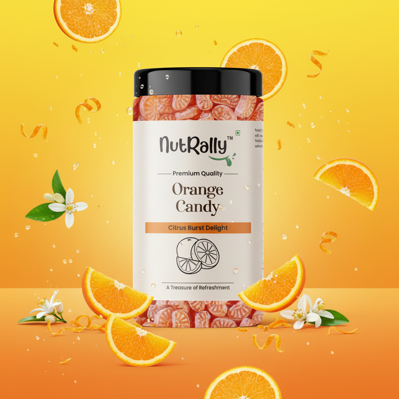 Orange Candy 300 Gm with vibrant citrus background