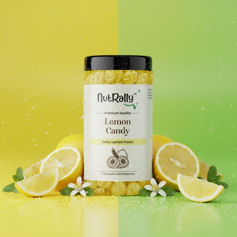 Lemon Candy 300 Gm with vibrant lemon and lime background